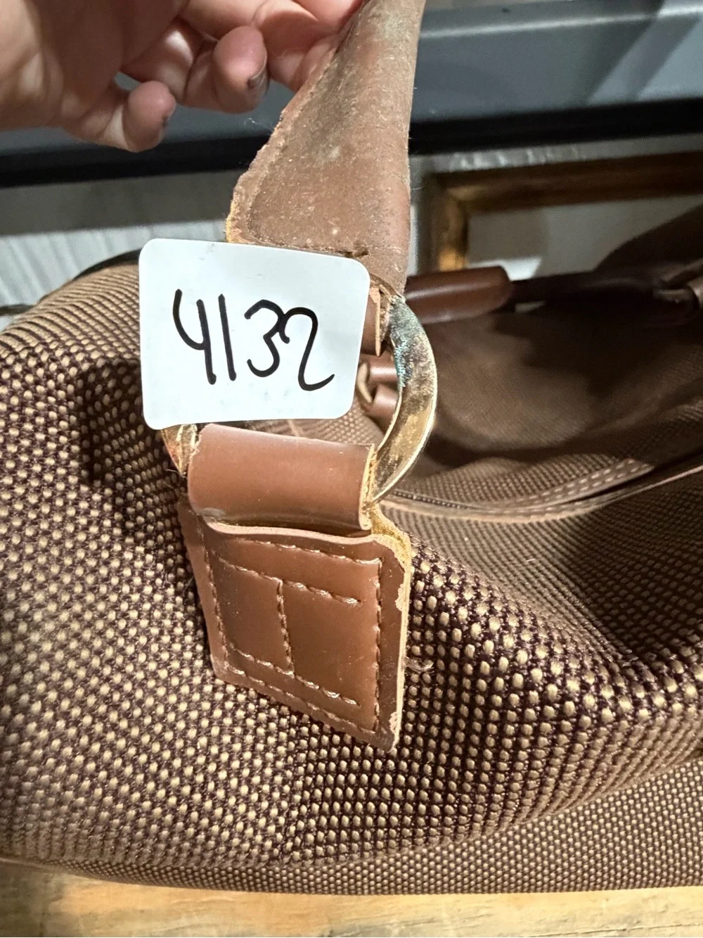 #4132-London Fog Brown Textured Tote with Leather Trim